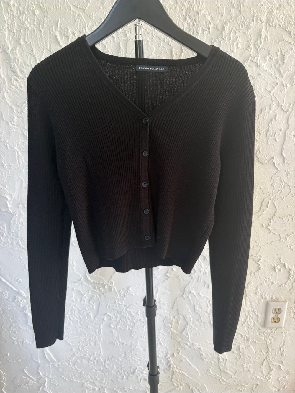 Brandy Melville Black Ribbed VâNeck Button Cardigan- OS
